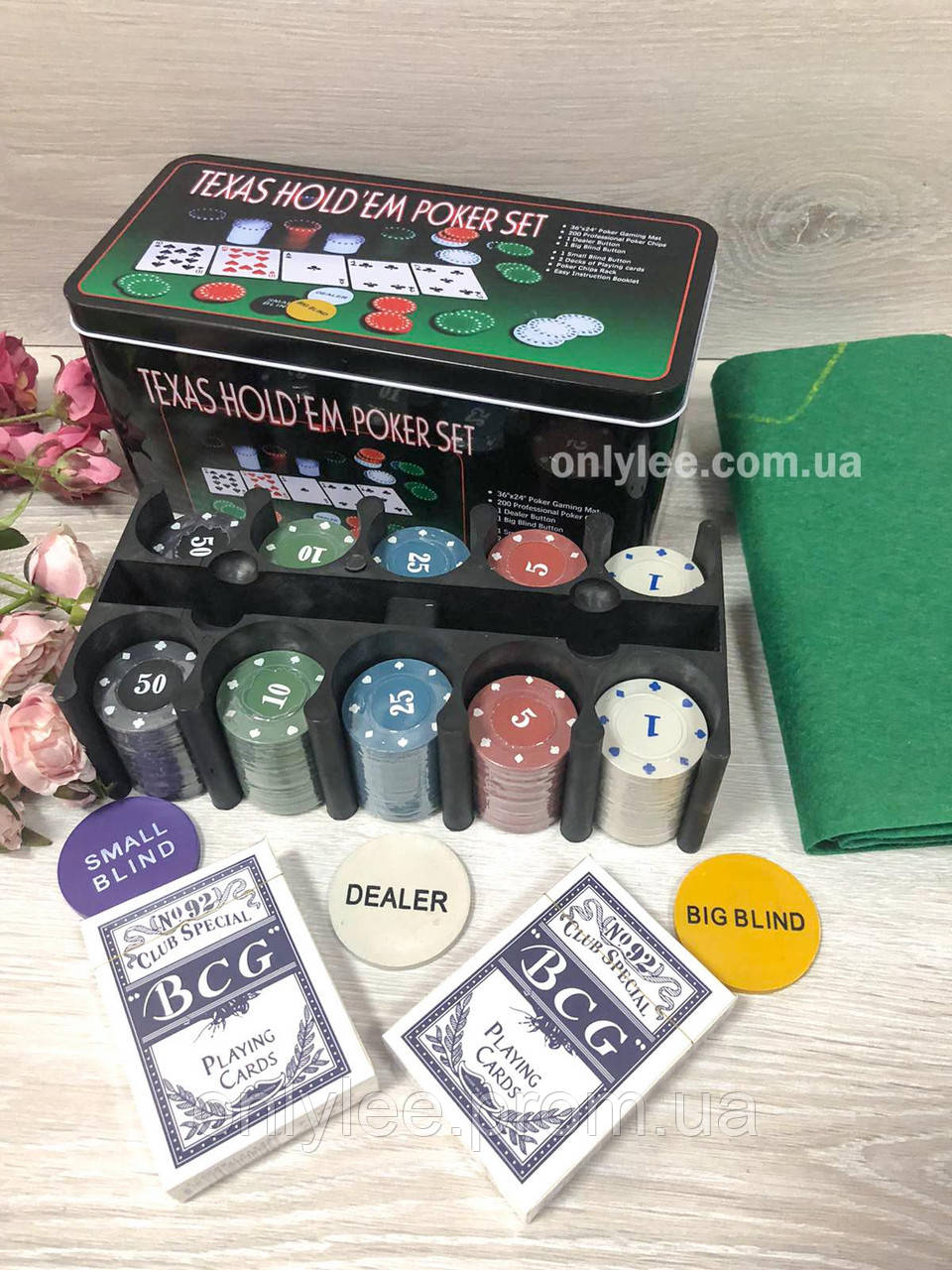 Набор для игры в покер Texas Hold'em Poker Set с сукном на 200 фишек с номиналом в металлической коробке - фото 2 - id-p1500285912