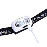Компактний налобний ліхтар 1-LED сенсорний світлодіодний ліхтарик на голову F500, 3 режими, акумулятор, USB, фото 4