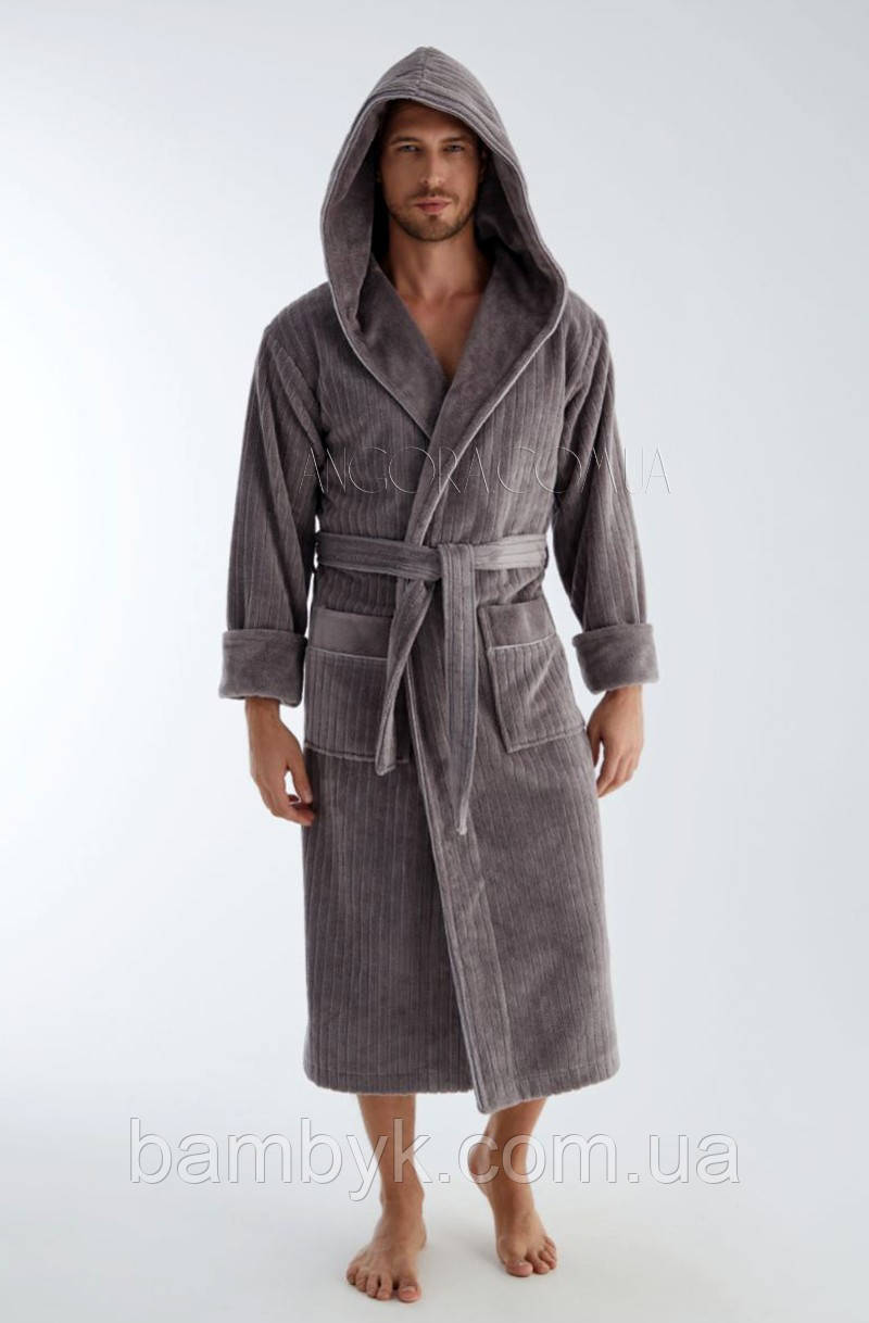 Халат чоловічий махровий із капюшоном Nusa NS-1335 сірого кольору, фото 1
