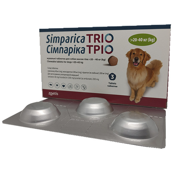Сімпаріка Тріо 20-40кг від бліх, кліщів та глистів для собак - №1