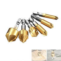 Набір із 6 свердел із зенковкою, серпанок для металу HSS 6/8/9/12/16/19 мм 6-гранні, твердосплавні жовті.