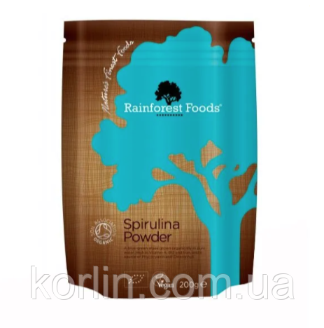 Спіруліна Порошок Органічний 200 г RAINFOREST FOODS Spirulina Powder Польща Доставка з ЄС, фото 1