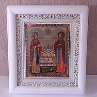 Икона князь Петр и княгиня Феврония святые, лик 10х12 см, в белом деревянном киоте