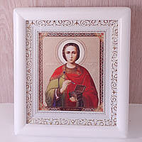 Икона Пантелеймон святой Великомученик и целитель , лик 10х12 см, в белом деревянном киоте