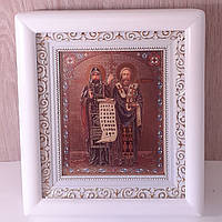 Икона Кирилл и Мефодий святие, лик 10х12 см, в белом деревянном киоте