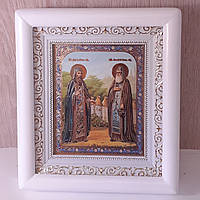 Икона Зосиму и Савватию Соловецким Чудотворцам Приподобным, лик 10х12 см, в белом деревянном киоте