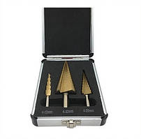 Свердла ступені з кейсом, конічні 3 шт. розміру 4-32, 4-20, 4-12 зі швидкорізального матеріалу HSS 4241.