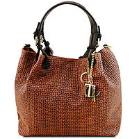 Tuscany TL141573 TL KeyLuck - Шкіряна сумка-шопер з плетеним тисненням (Cinnamon)