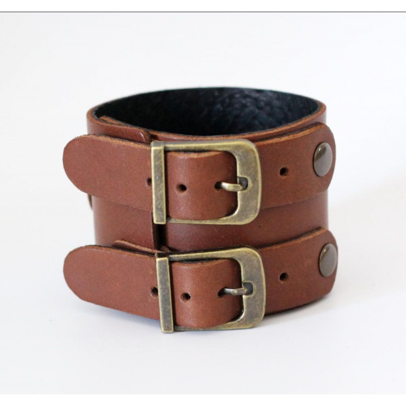 Чоловічий широкий шкіряний браслет з двома пряжками в стилі "JOHNNY DEPP", фото 1