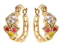 Серьги Xuping Позолота 18K замок-булавка "Декоративные кольца с узором эмалью и цирконием" ø 1,5см