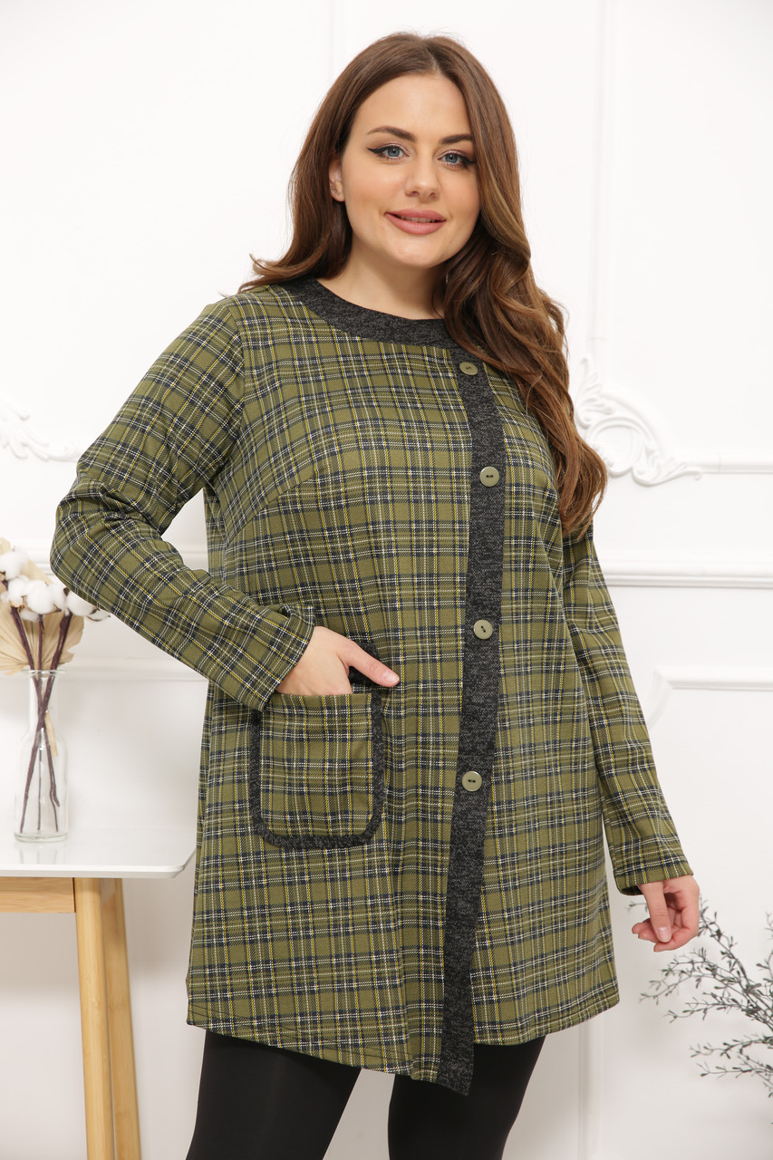 Стильна туніка великого розміру в клітинку Симона оливка (54-66), фото 1