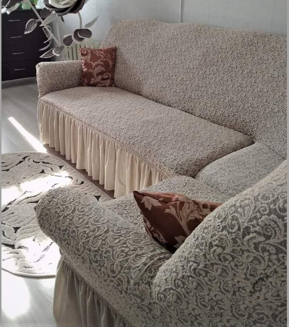 Жаккардовий чохол на кутовий диван натяжний MILANO кремовий, фото 1