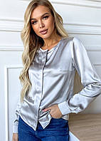 Жіноча блузка стійка з натурального шовку, сорочка сірого кольору. TM"Silk Kiss". 100% шовк