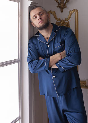Шовкова піжама чоловіча "Лондон". TM"Silk Kiss". London. Натуральний 100% шовк. Синя, фото 1
