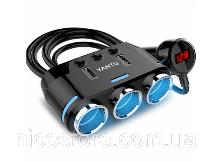Розгалужувач автомобільний прикурювач-трійник YANTU 3 в 1 + USB 12-24 вольти Type B