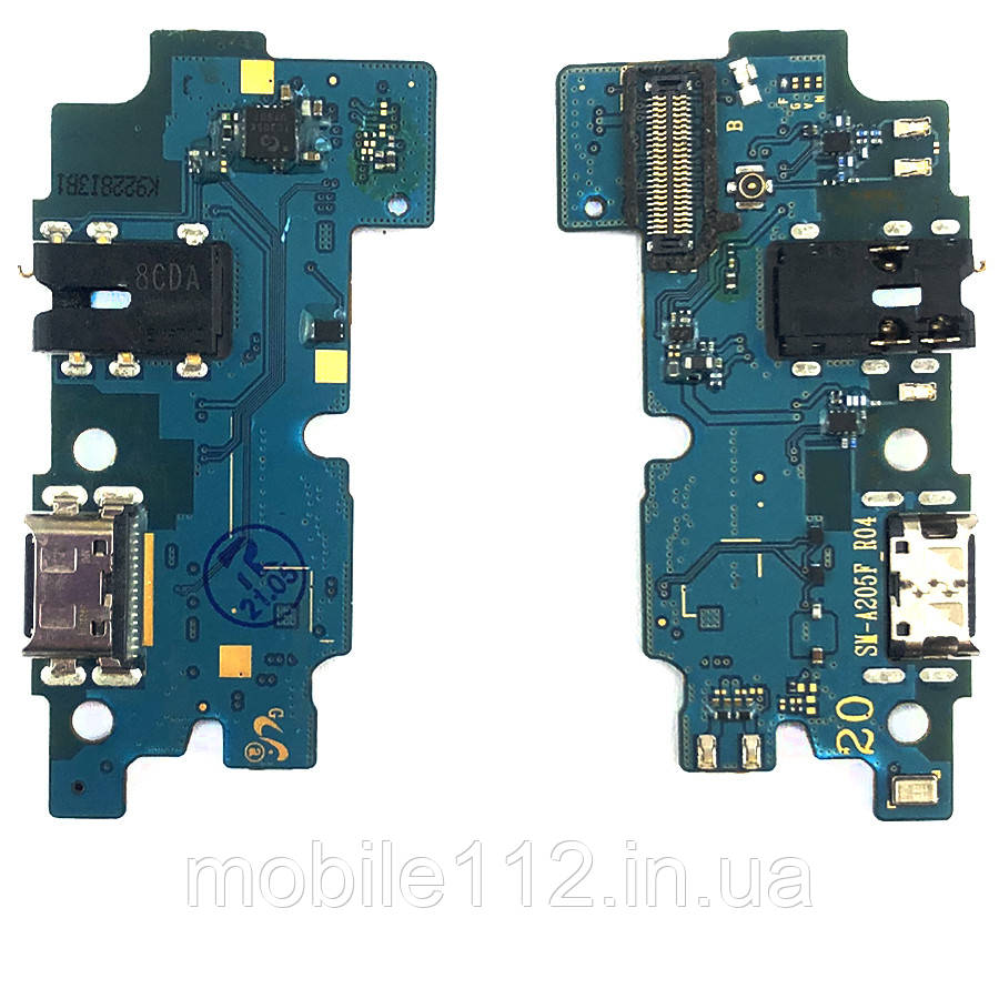 Шлейф Samsung Galaxy A20 2019 A205F з роз'ємами зарядки, навушників та мікрофоном Оригінал - нижня плата, фото 1