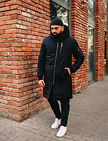 Зимняя куртка-парка мужская теплая длинная однотонная повседневная, черная, размер S, M, L, XL, XXL