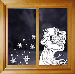 Новорічна наклейка на вікна Дід Мороз (Санта Клаус святий Микола сніжинки новий рік) матова 380х435 мм