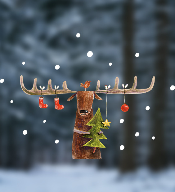 Наклейки новорічні Олень з ялинкою (декор вікон новий рік роги сніжинки намальований лось) матова 500х310 мм