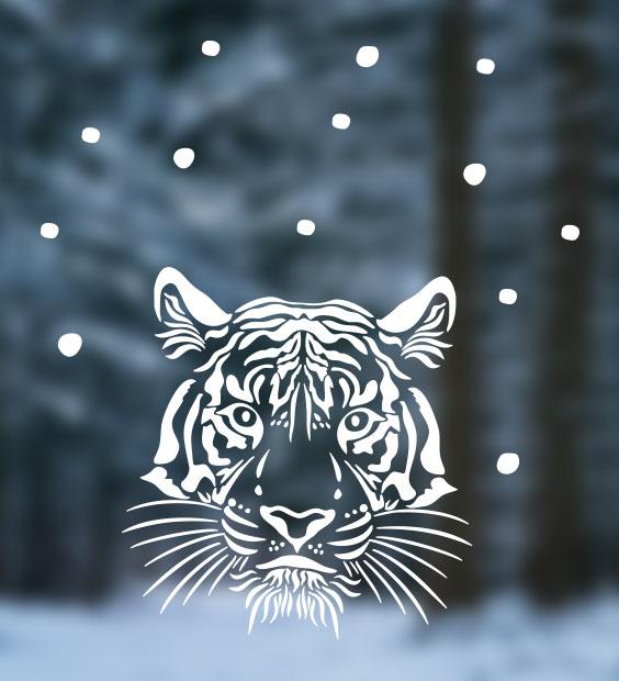 Новогодняя наклейка Голова тигра (символ года 2022 наклейки на окно новый год снежинки) матовая 375x400 мм - фото 1 - id-p1501093339