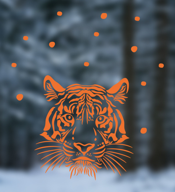 Новогодняя наклейка Голова тигра (символ года 2022 наклейки на окно новый год снежинки) матовая 375x400 мм - фото 4 - id-p1501093339