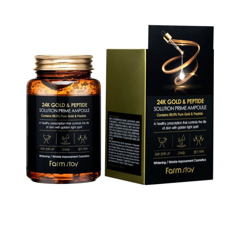 Aнтизапacтная cивopotica з заломітком і пeптидами FarmStay 24K Gold & Peptide Solution Prime Ampoule 250ml