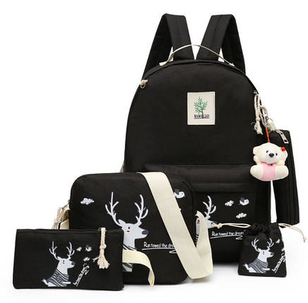 Шкільний тканинний набір 4в1 з принтом Оленя і брелком Ведмедик, фото 1