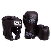 Боксерский набор, Боксерские перчатки 12 унций + Шлем для бокса размер L Черные BDB STRIKE VL-6626-6615