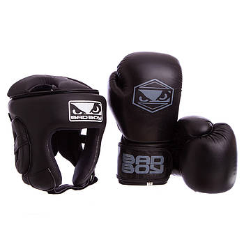 Боксерський набір, Боксерські рукавиці 12 унцій + Шолом для боксу розмір L Чорні BDB STRIKE VL-6626-6615