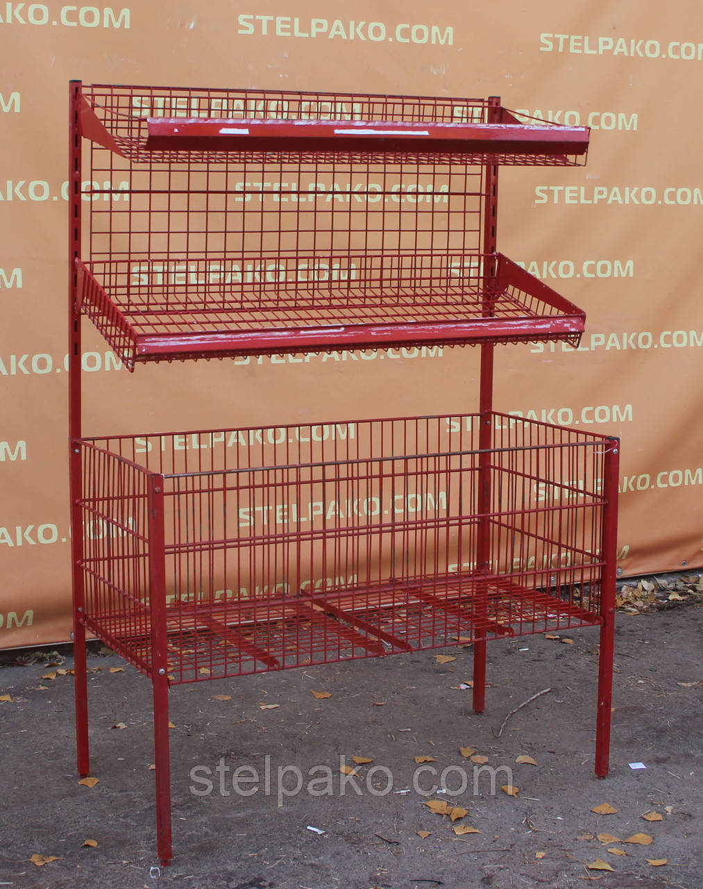 Проми кошик для розпродаж + 2 полиці, 120х60х170 см., червона, з надбудовою, Б/у
