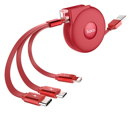 Кабель 3в1 для зарядки телефону MicroUSB/Lightning/Type-C combo retractable Hoco U50 |1m, 2A| Червоний