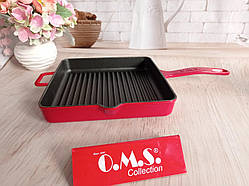 Сковорода чавунна зі зливними носиками, 25х25 см, для всіх різновидів плит, OMS (Туреччина) арт. 3265 червона