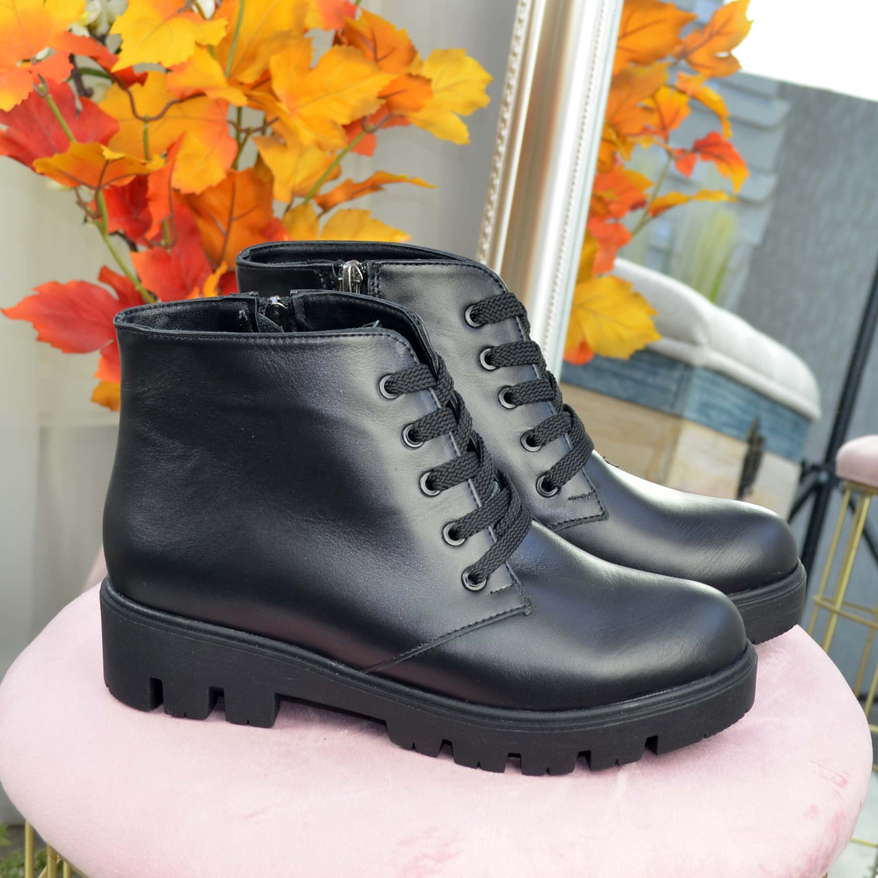 Черевики жіночі чорні шкіряні на шнурівці, потовщена підошва, фото 1
