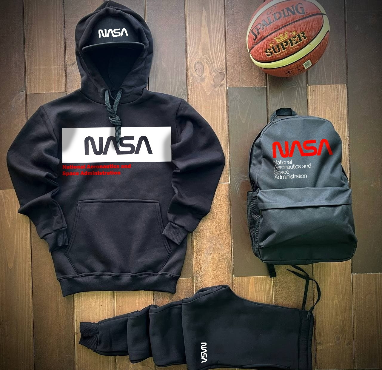 Спортивний костюм чоловічий Nasa з зимовий лампасами чорний | Комплект штани + худі теплі ЛЮКС якості, фото 1