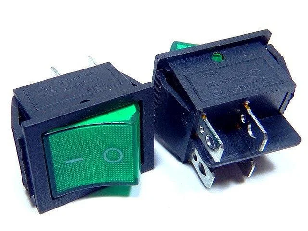 Перемикач широкий з підсвіткою KCD-4, ON-OFF TCOM, 4pin, 15A, 220V, зелений, фото 1