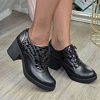 Туфли черные кожаные женские на широком устойчивом каблуке
