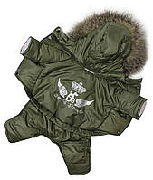 Зимовий одяг костюм для собак, зимовий комбінезон для собаки теплий на хутрі на зиму з капюшоном хакі унісекс