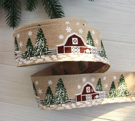 Стрічка новорічна 6,3 см "Засніжений будиночок", світло-коричнева рулон 22,5 метрів