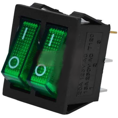 Перемикач подвійний з підсвіткою IRS-2101-1А ON-OFF TCOM, 6pin, 15A, 220 V, зелений, фото 1