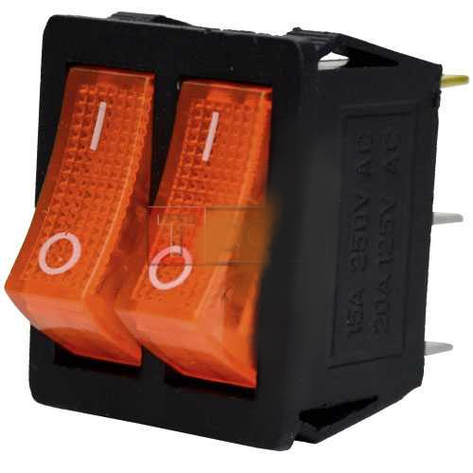 Перемикач подвійний з підсвіткою KCD4-011, ON-OFF TCOM, 6pin, 15A, 220 V, жовтий, фото 1