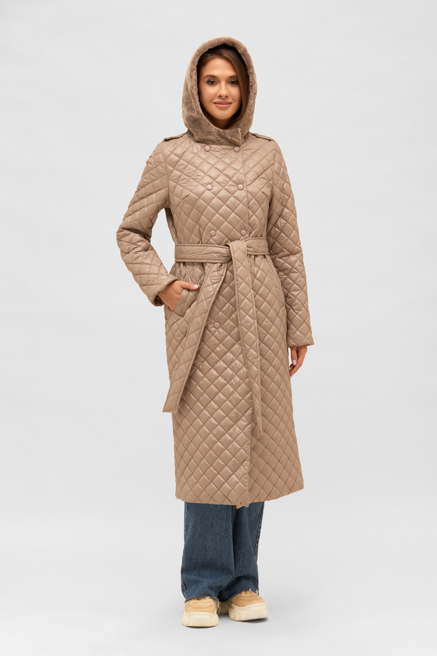 Актуальний жіночий зимовий стьобаний плащ з хутряним капюшоном, фото 1
