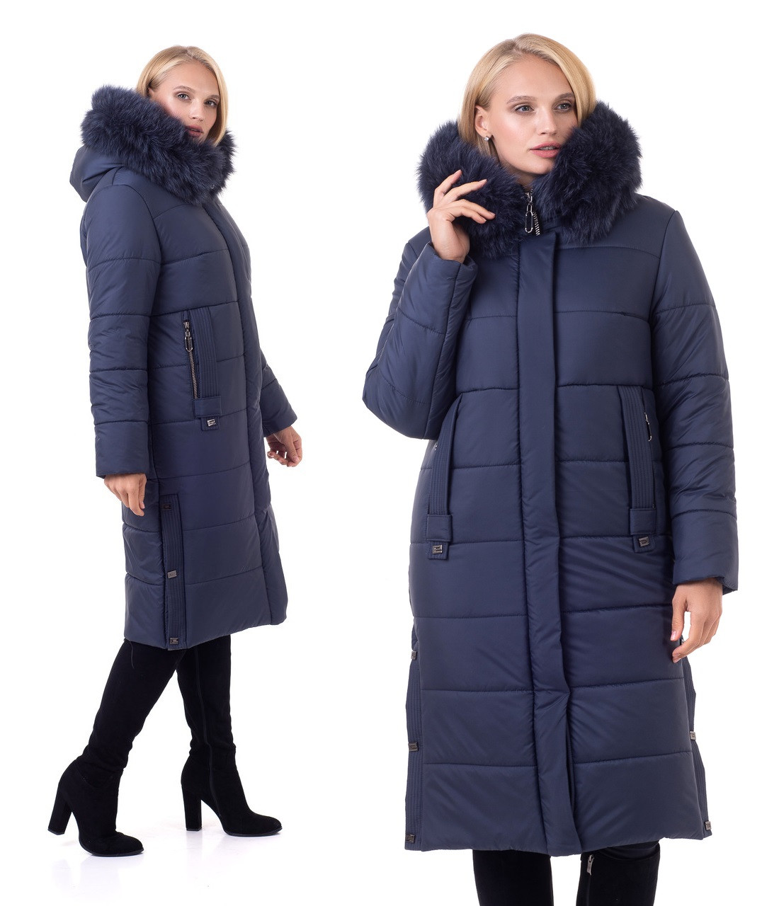 Жіноче зимове пальто з натуральним хутром на капюшоні розміри 46-58