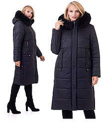 Подовжена жіноча куртка зимова з натуральним хутром на капюшоні розміри 46-58