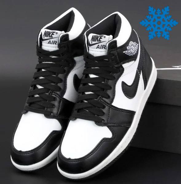 Чоловічі зимові кросівки Nike Air Jordan 1 Retro High з хутром теплі чорні. Живе фото. топ