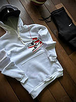 Зимний спортивный костюм мужской Nike х Jordan теплый с начесом белый-черный Комплект Худи + Штаны на флисе