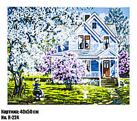 Картина для рисования по номерам 50×40 "Домик в весеннем цветущем саду" (Цветы)