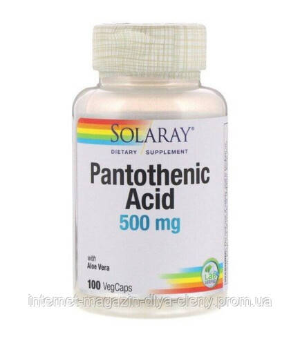 Пантотенова кислота, Pantothenic Acid, Solaray, 500 мг, 100 вегетаріанських капсул