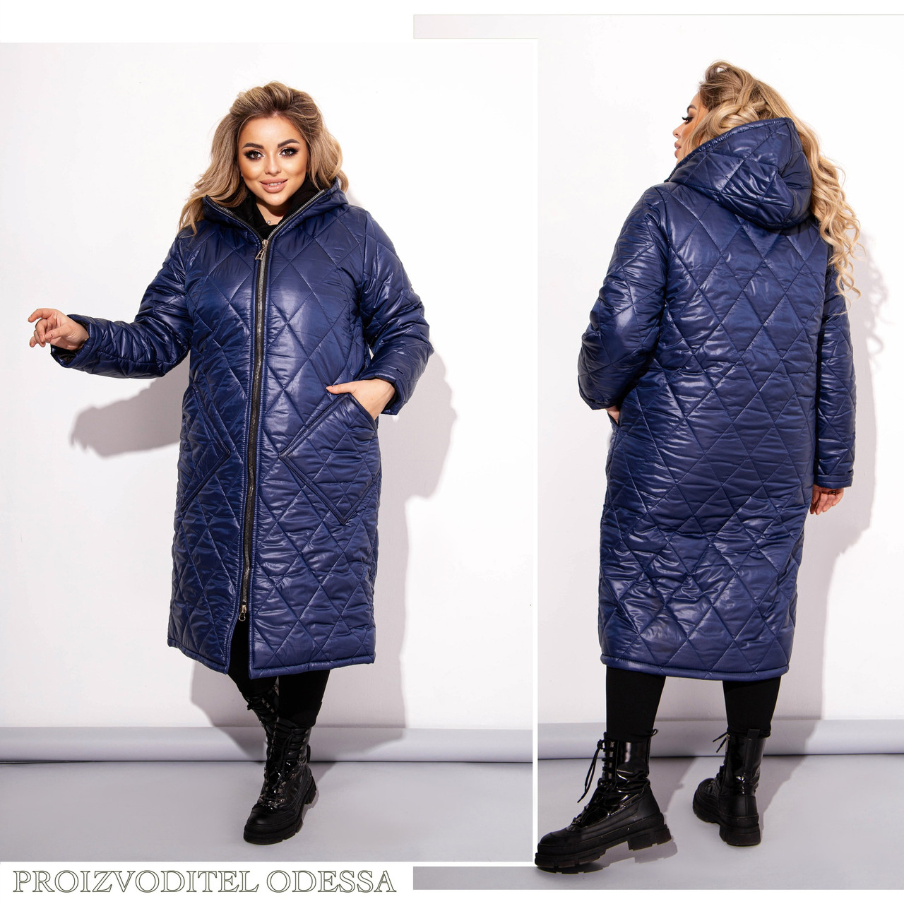 Жіноче тепле стьобане зимове пальто на синтепоні прямого силуету з капюшоном, батал великий розмір