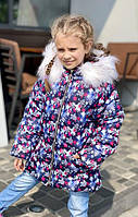 Зимова дитяча куртка для дівчинки сніжинка на синьому, р - 98, 104, 110.