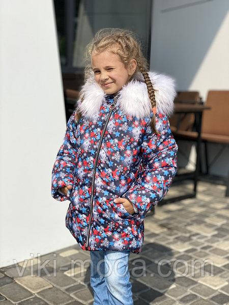 Зимова дитяча куртка для дівчинки сніжинка на сірому, р - 98, 104, 110.